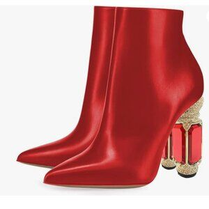 FSJ Bright Red Pointed Toe Crystal Chunky High Heel Side Zipper Ankle Boots